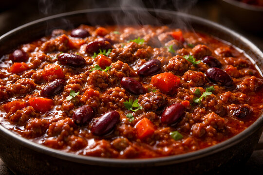A close-up, high-angle shot of a steaming bowl of chili con carne, featuring ground meat, kidney beans, diced red peppers, and fresh herbs in a rich sauce.