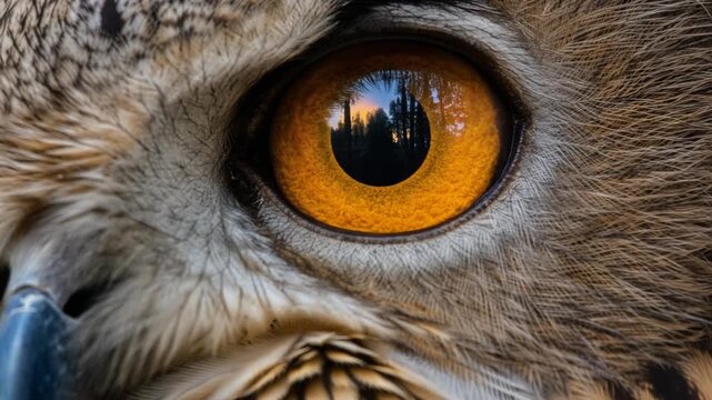 Close up of owl eye with forest reflection showing wildlife nature and detailed feathers