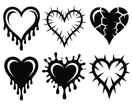 Heart silhouette icon vector set with black isolated elements of melting bleeding thorne and broken hearts for dark romantic designs