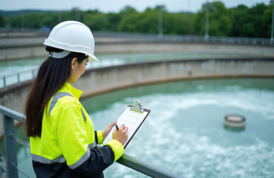 Asian woman engineer in hard hat and hi-vis jacket checks water treatment plant facility on clipboard. She records data on a large sewage treatment tank, monitoring water quality during inspection.