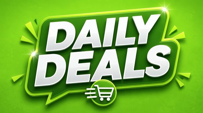 Daily Deals Text with Shopping Cart Icon on Green Background