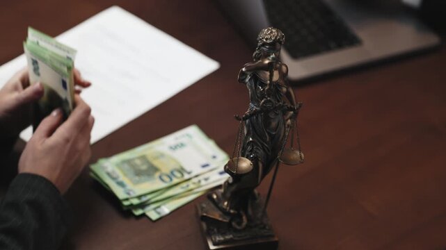 Money on office desk beside legal items, bribery, corruption, secret payment and financial crime concept, highlighting corruption and financial misconduct.