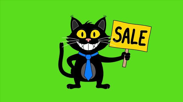 Cartoon Black Cat Wearing Tie Holding Sale Sign Animation on Green Screen and White Background