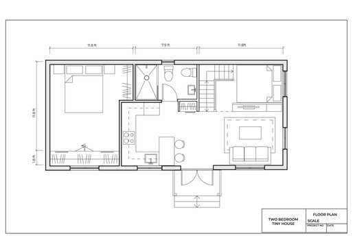 Two Bedroom Tiny House floorplan Cad drawing with furniture layout.