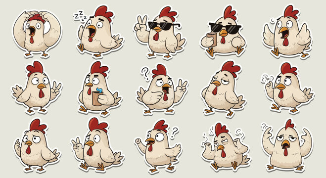 Funny Cartoon Chicken Emotes Stickers Set, Expressive Farm Bird Characters