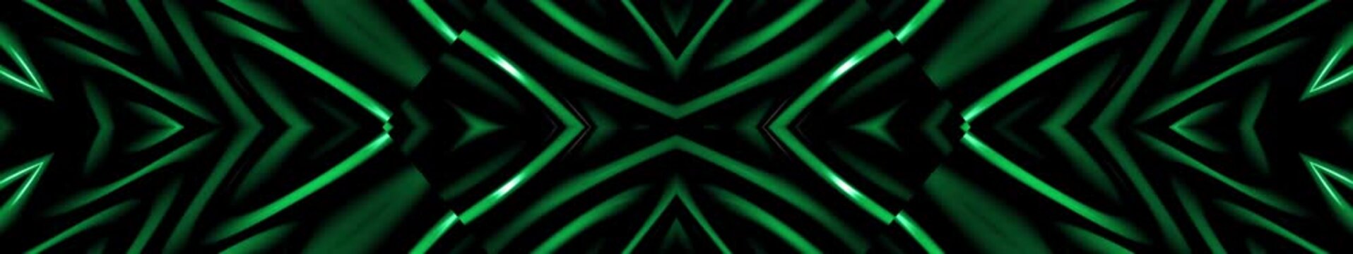 Elegant Emerald Neon Abstract Panorama with Symmetrical Dark Geometric Waves
