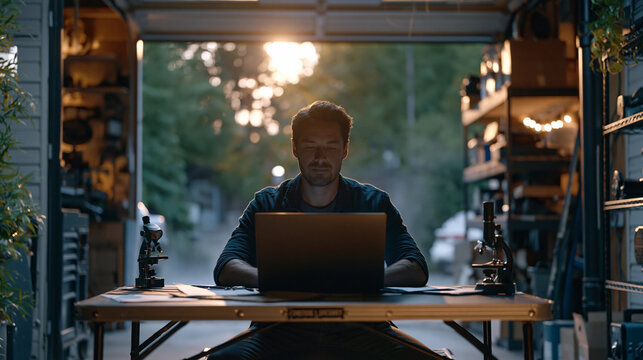 A solo bootstrapped founder at a folding table inside a storage unit converted into a workshop, early morning mist curling under the rolling door, inventory shelves behind, focused and unposed, idea