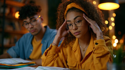 Fototapeta premium A young couple surrounded by color-coded tax folders and receipts spread across a dining table, one partner pressing temples in concentration under warm overhead light, perfect for tax season stress