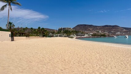 Obraz premium tropical beach with palm trees and umbrellas