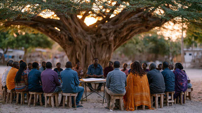 A wide shot of a rural microfinance cooperative meeting under a large acacia tree, members seated on wooden stools with a shared accounting ledger on a folding table, golden hour light filtering thr