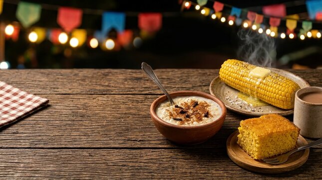 Traditional Brazilian Festa Junina feast with corn on the cob, rice pudding, and cornbread on a rustic wooden table for festive holiday celebrations