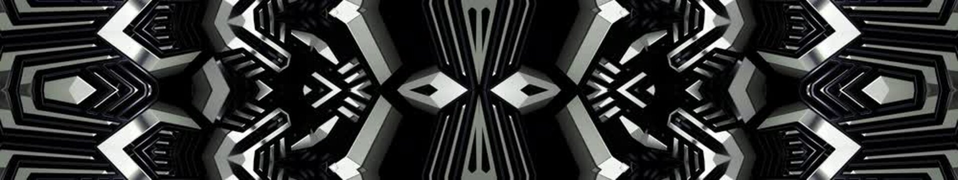 Black and white abstract geometric pattern with mirrored 3D shapes in a futuristic widescreen loop