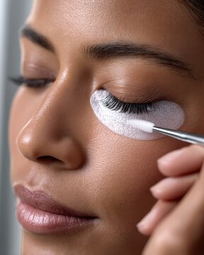 Eyelash extension procedure, professional beauty technician applying primer on client lashes, cosmetic care treatment for eye enhancement and volume
