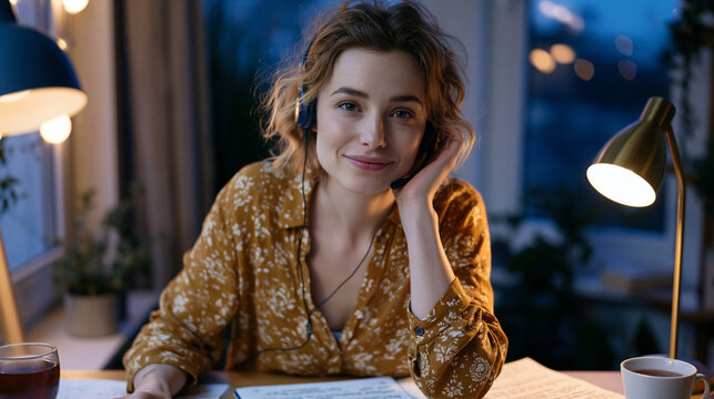 Crisis hotline worker at twilight, headset on, seated at a modest desk lit by a single desk lamp, handwritten notes and a cooling cup of tea beside her, blue hour light through a narrow window, idea