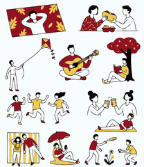 Fototapeta premium Happy Young People Outdoor Activities Set with Guy Playing Guitar and Picnic Scene