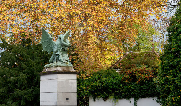 Metal sculpture of a Basilisk, the symbol of the ancient European city of Basel. Basilisk is a mythical creature with the head of a rooster. Switzerland.  