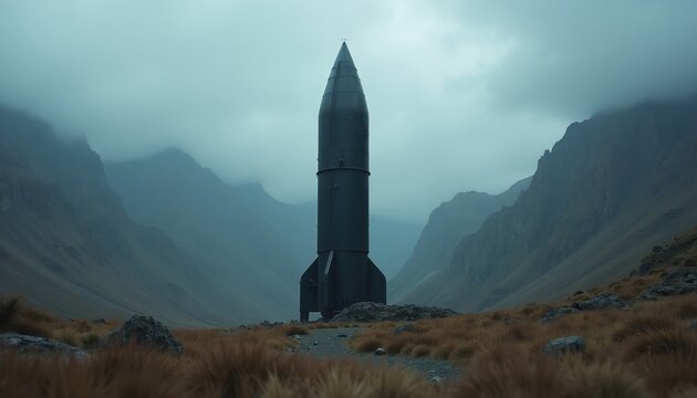 Imposing missile silo stands amid misty mountain range. Grey structure rises from barren terrain surrounded by rugged peaks. Atmospheric scene conveys power evokes themes of defense, global security.