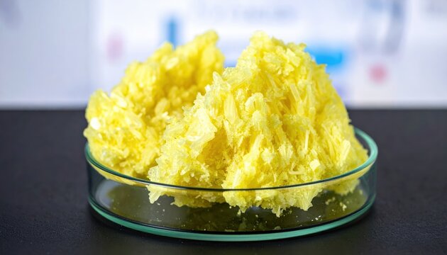 Bright yellow crystalline lumps of pure sulfur element displayed in a glass petri dish for scientific examination.