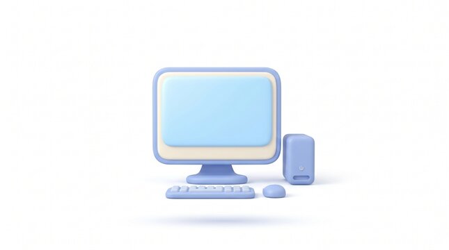 Minimalist 3D rendered desktop computer setup with monitor, keyboard, mouse, and tower in soft blue and white colors on a clean background.