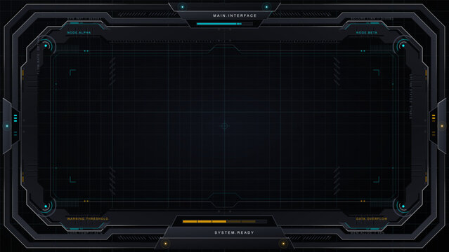 Futuristic dark HUD frame interface with empty central grid panel, cyan node markers, warning accents, system status labels, and sci-fi border