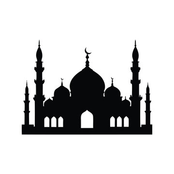 Silhouette of mosque with minarets and crescent moon vector illustration, mosque silhouette vector illustration
