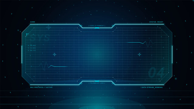 Futuristic dark HUD frame with cyan glowing grid panel, core alignment label, status text, telemetry link, crosshairs, and digital particles