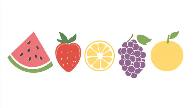 Summer fruits: a watermelon wedge, an orange slice, a strawberry, a peach and a grape. A bright banner with a white background.