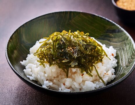vegan furikake seasoning with shredded seaweed topping on cooked rice
