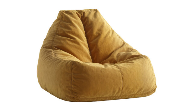 Soft mustard yellow bean bag chair comfortable seating for relaxation, isolated on transparent background