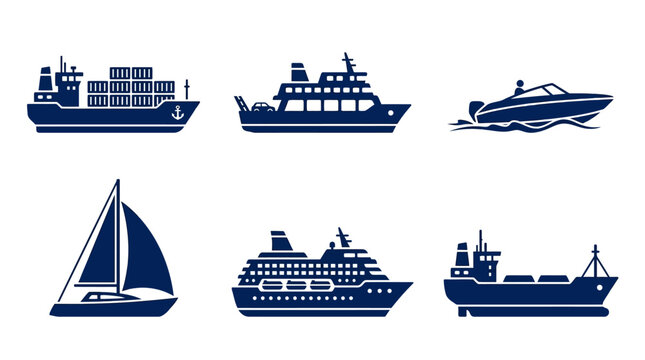 Collection of various boat silhouettes showcasing different types of vessels on a plain background