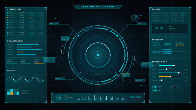 Dark futuristic HUD command dashboard with central circular scanner, system flow lists, data panels, sliders, charts and cyan orange status graphics