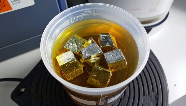 Shiny, Waxy Metallic Sodium Cubes Submerged in Clear Paraffin Oil for Safe Storage