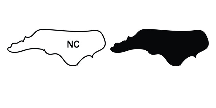 North Carolina state map vector outline and silhouette set with NC abbreviation