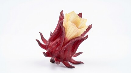Fototapeta premium Fresh red roselle calyx with a yellow flower bud on a white background