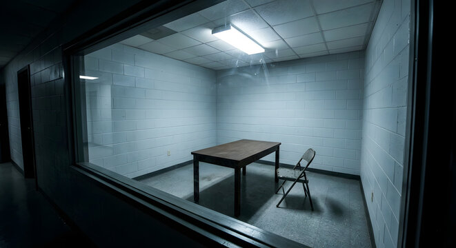 An empty interrogation room with one-way mirror and metal table