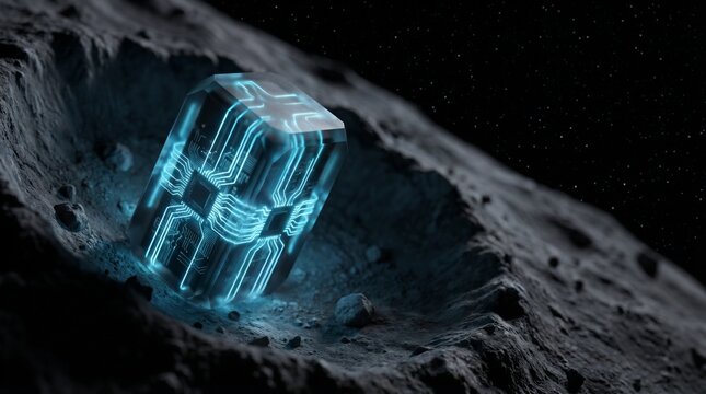 Glowing futuristic microchip cube glowing with neon blue light circuits lying inside a rocky moon crater in deep space, sci-fi advanced extraterrestrial technology and cosmic discovery concept