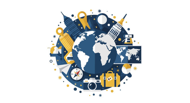 Global Travel and Tourism Concept Illustration with Globe, Camera, Suitcase, and Landmarks in Flat Vector Style