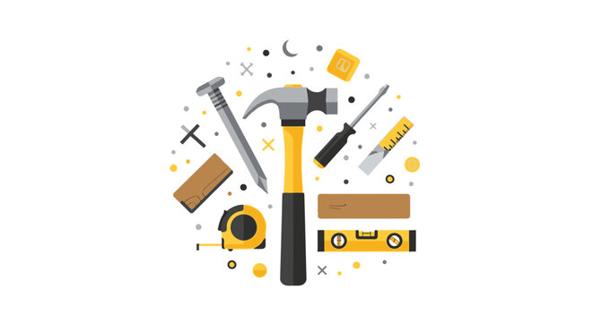 Professional Carpentry and Hand Tool Illustration with Hammer, Screwdriver, Level, and Tape Measure for Home Improvement and DIY Construction Projects