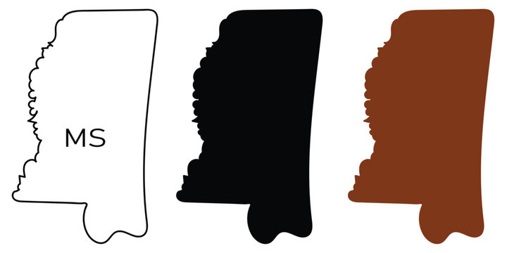 Mississippi state map vector outline and silhouettes set with MS abbreviation