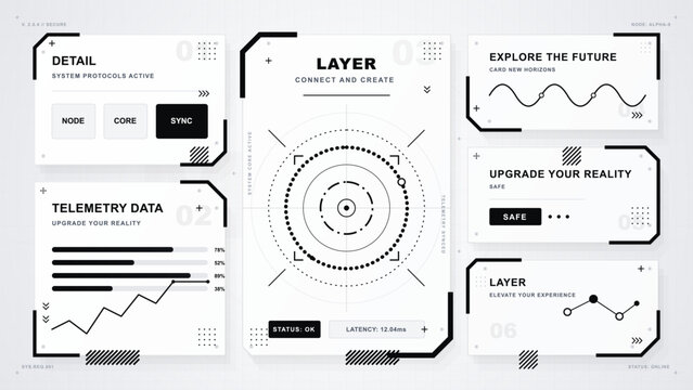 Minimal black and white HUD interface layout with protocol cards, telemetry data panel, central layer reticle and abstract line charts on pale grid