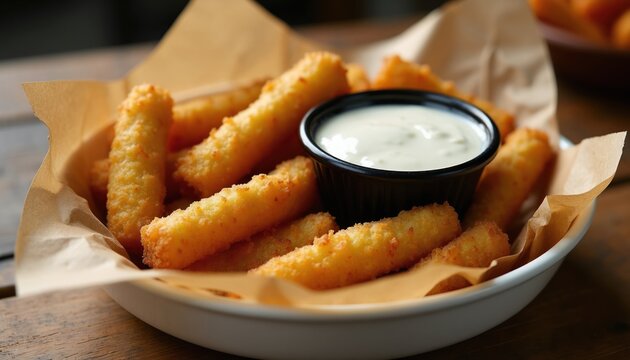 Golden fried pickle spears with crunchy crust sit in bowl with ranch dip. Delicious appetizer served on brown paper. Savory snack for party or meal.