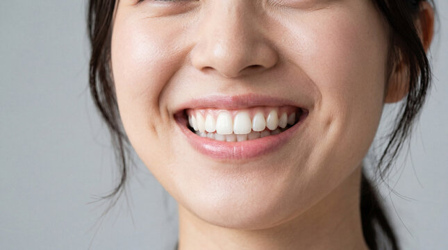 Close up of smiling Asian woman showing healthy white teeth and dimples for dental care and oral hygiene concepts.