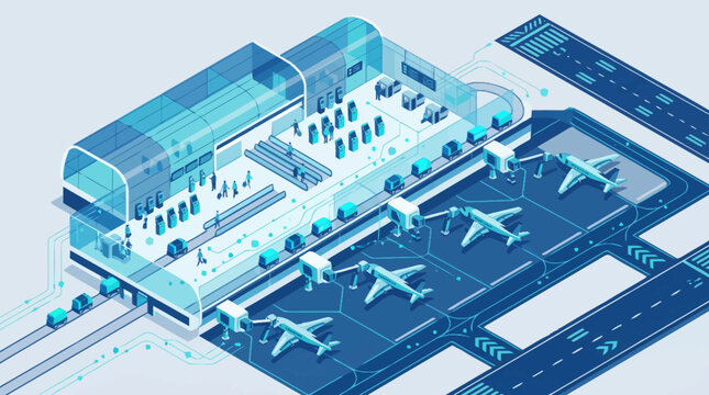Modern airport terminal with airplanes on the tarmac and train connection.