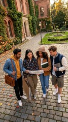 Fototapeta premium Diverse students exploring university campus with map