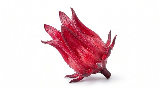 Vibrant red rosella calyx, also known as roselle or hibiscus flower, isolated on a pure white background, showcasing its fresh botanical beauty and rich color for health and food concepts