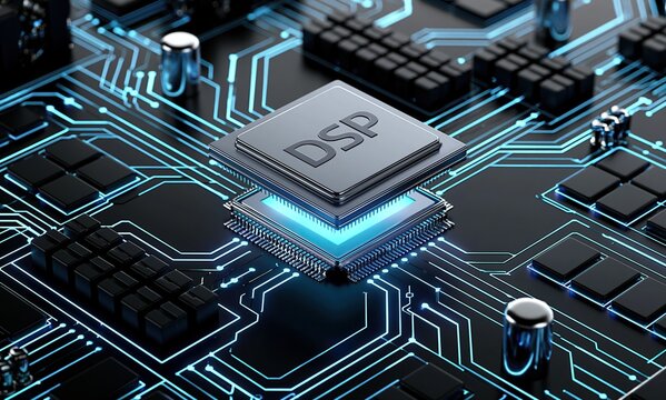 Stacked DSP digital signal processing processor chip placed on dark circuit board with glowing blue connections representing advanced modern computing technology