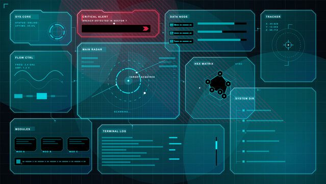 Dark futuristic HUD dashboard with main radar scanner, critical alert, data node bars, tracker panel, hex matrix and terminal log on teal grid