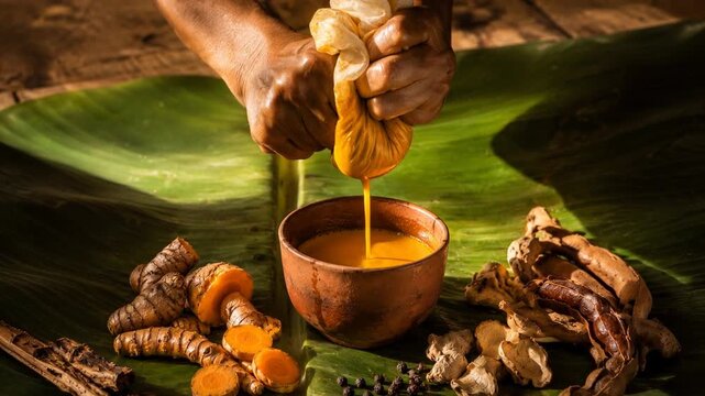 Traditional Herbal Preparation Extracting Vibrant Turmeric Juice from Fresh Roots and Spices, Showcasing Natural Ingredients and Colors