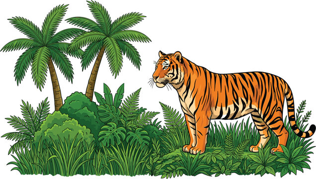 Powerful majestic bengal tiger standing in a lush tropical jungle with palm trees and exotic plants vector illustration isolated on white.