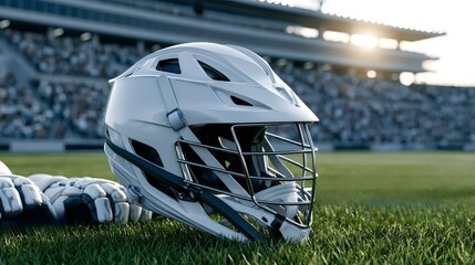 Fototapeta premium White protective lacrosse helmet and gloves resting on green grass in a stadium with spectator stands and a sunny sky, symbolizing competition and player safety